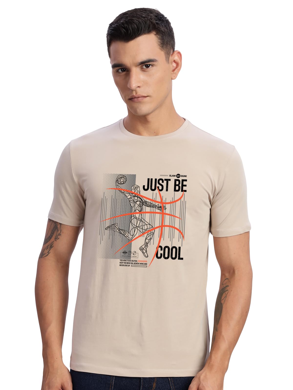 ADRO Men's Graphic Printed 100% Cotton T-Shirt - Regular Fit, Printed T-Shirts for Men (RN24-BCL-BE_Beige)