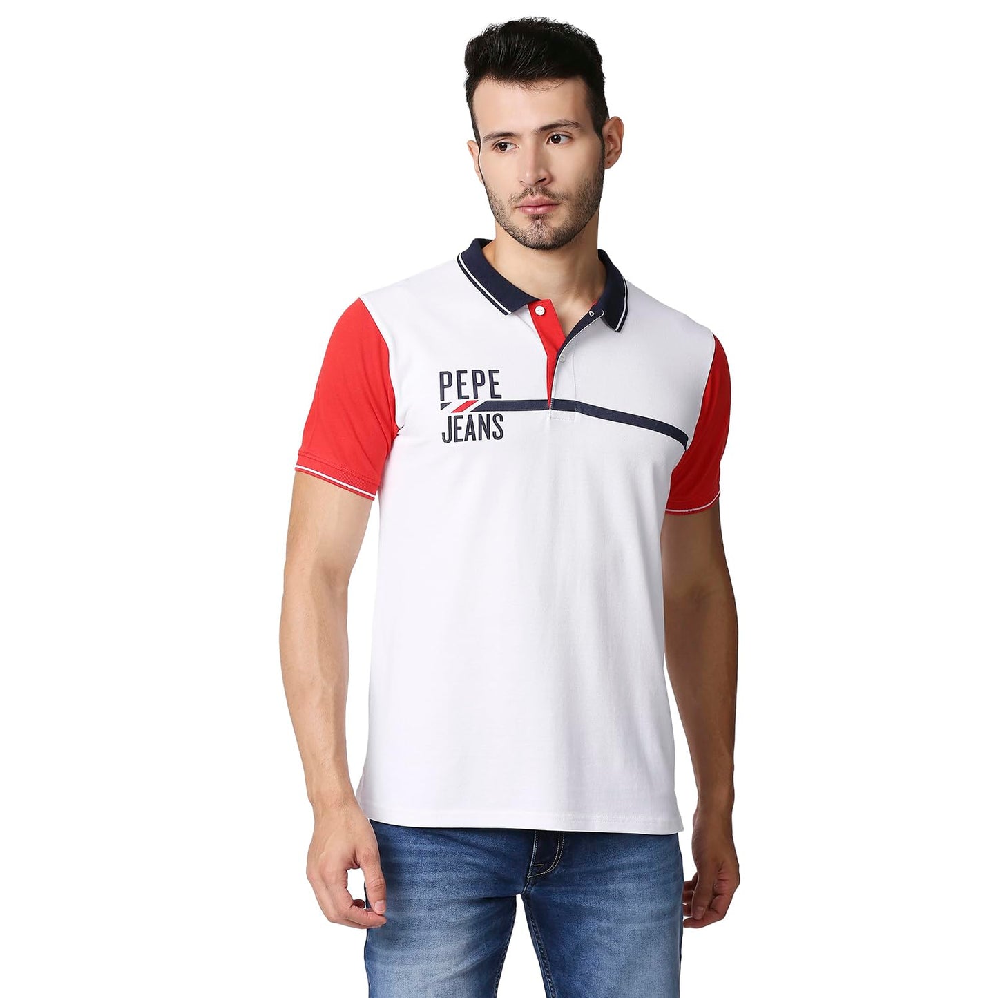 Pepe Jeans MenS Regular Fit Colour Block Polo T-Shirts White