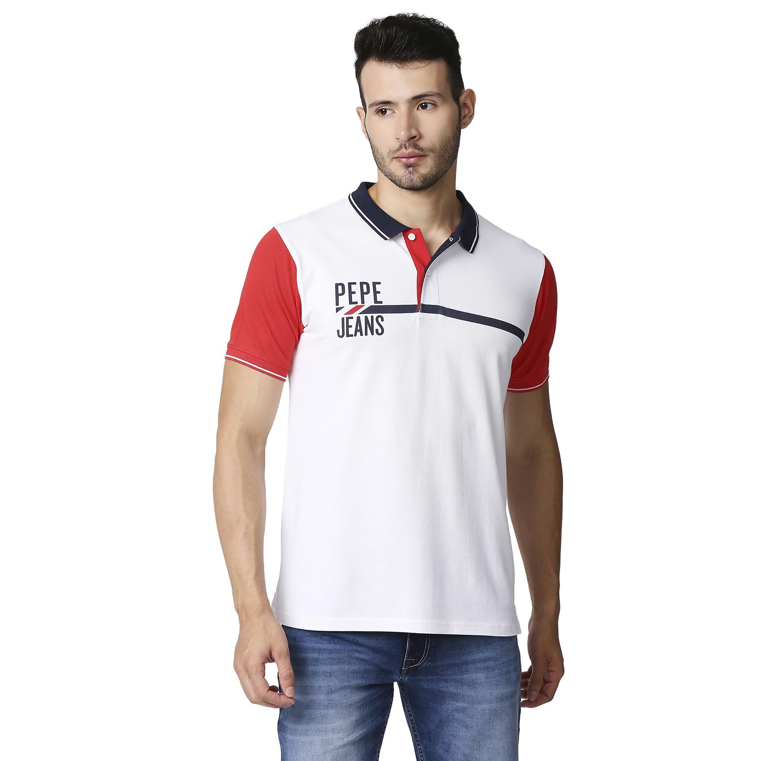 Pepe Jeans MenS Regular Fit Colour Block Polo T-Shirts White