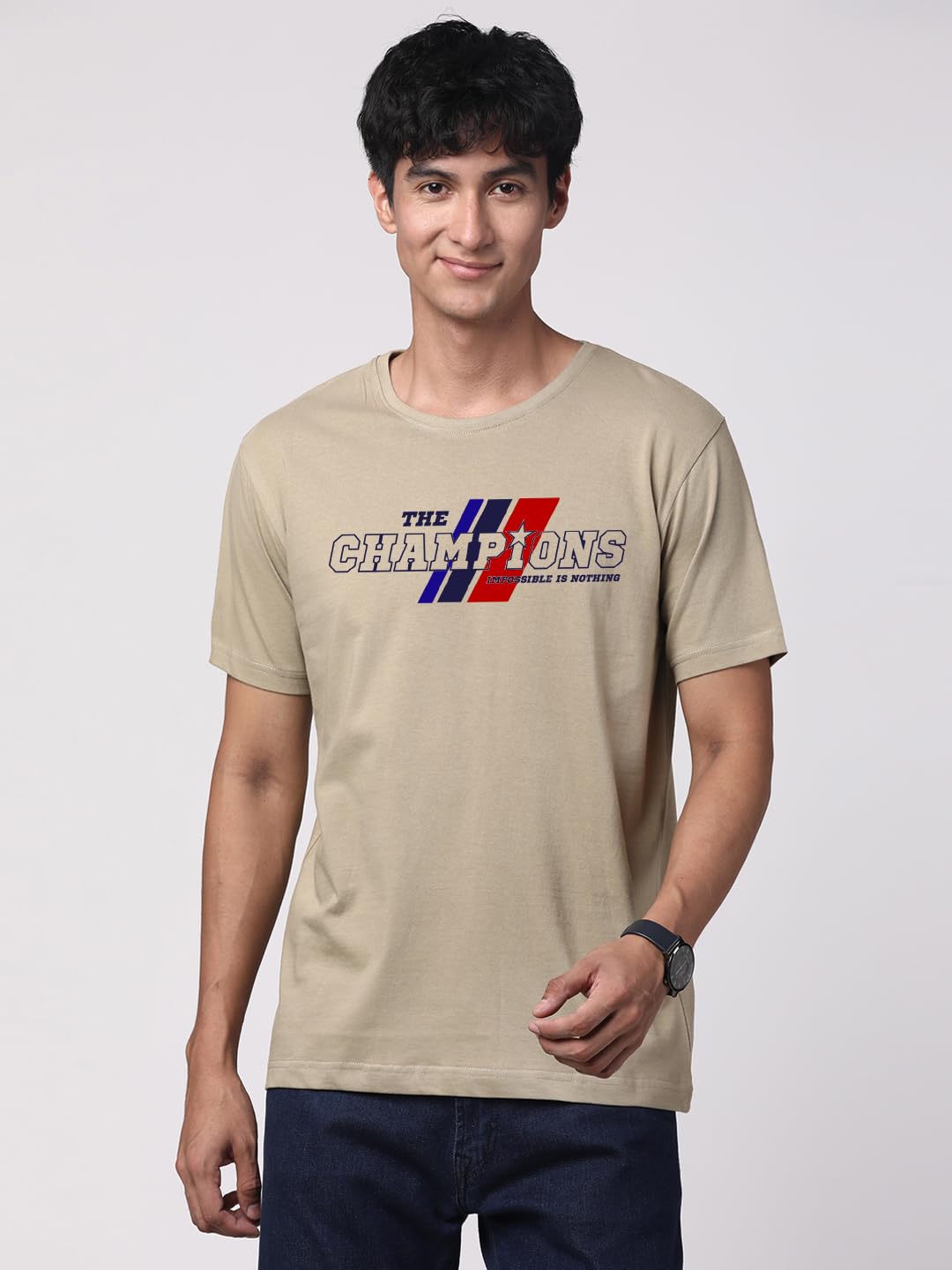 ADRO Men's Graphic Printed 100% Cotton T-Shirt - Regular Fit, Printed T-Shirts for Men (RN24-CMP-BE_Beige)