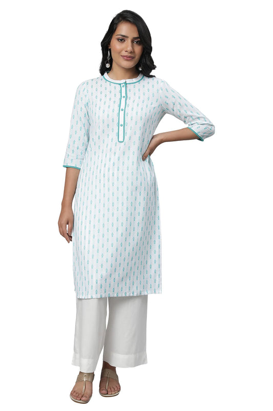 Aurelia Blue Floral Printed Printed Cotton Regular Kurta With Lace