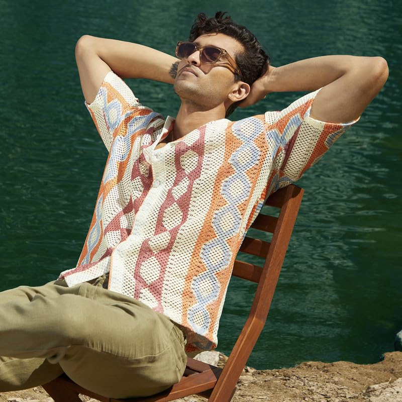 Campus Sutra Mens Tangerine Orange & Crimson Red Geometric Block Oversized Shirt for Casual Wear | Spread Collar | Short Sleeve