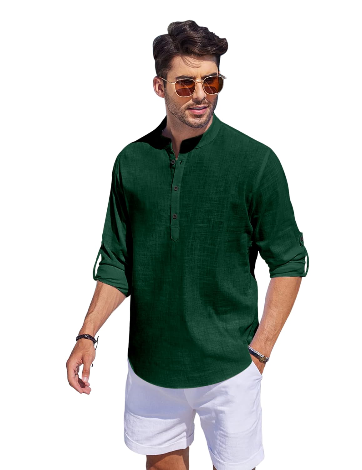 Hemrin Men Solid Cotton Blend Straight Kurta Shirt Dark Green