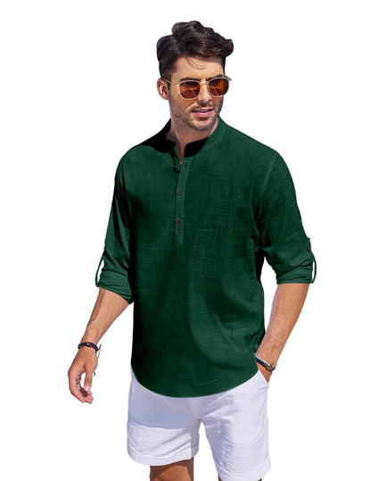 Hemrin Men Solid Cotton Blend Straight Kurta Shirt Dark Green