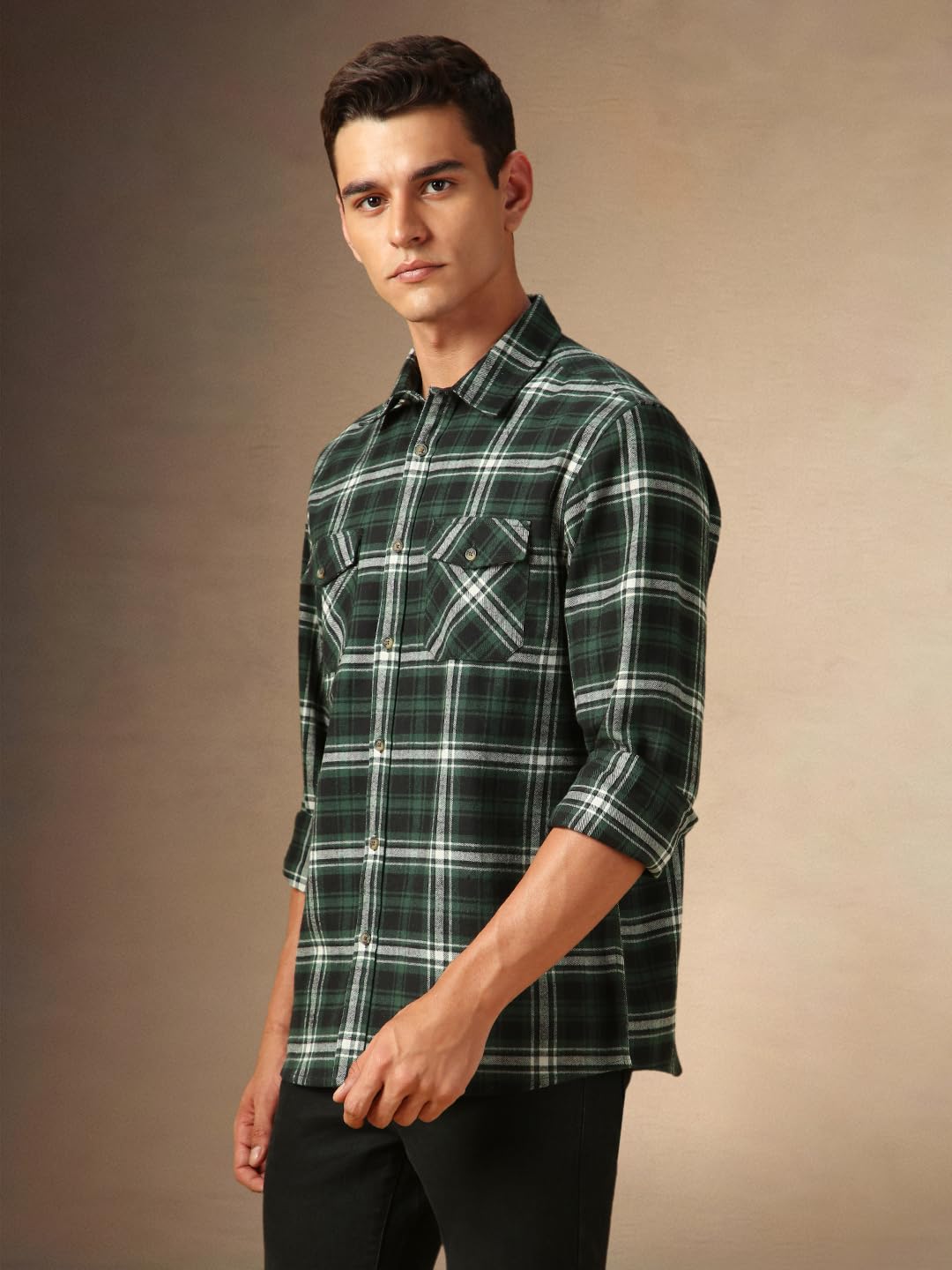 Dennis Lingo Men Flannel Check 100% Cotton Relaxed Fit Full Sleeves Shirts Green
