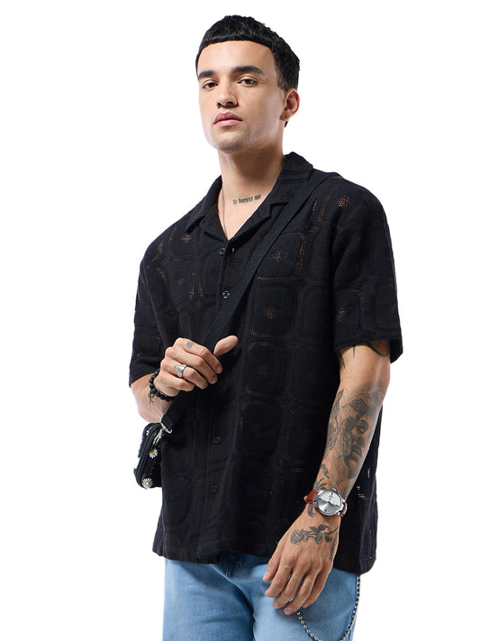 Bewakoof Mens Self Design Oversized Fit Half Sleeve Resort Collar Pure Cotton Crochet Shirt_633633_Black_2XL