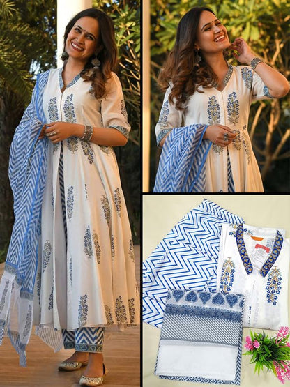 Pinkmint Women Cotton Blend Kurta Set l White Anarkali Kurtis l Stylish Womens Dress l Fancy Kurta Set (Pack of 1)