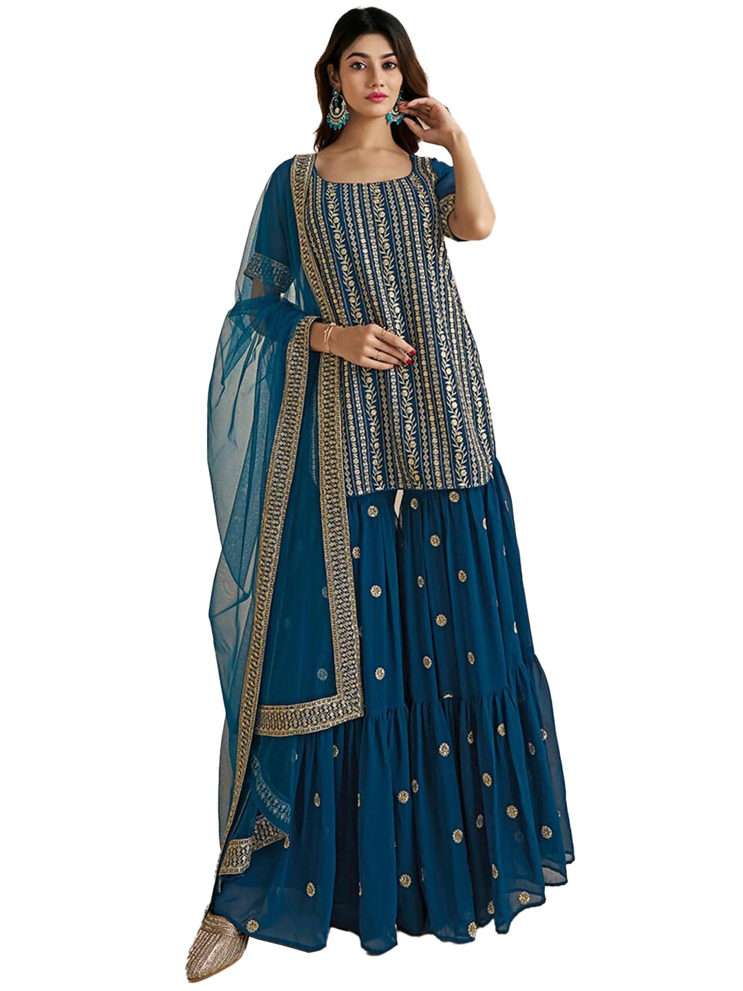 Fashion Basket Georgette Embroidered Kurta Set For Women Turquoise