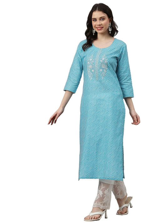 GoSriKi Women's Cotton Blend Embroidered Straight Kurta