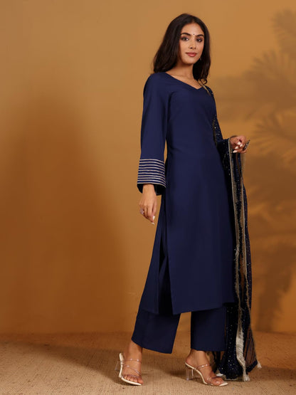 Varanga Solid V-Neck Gota Embellished Straight Kurta Paired With Tonal Bottom And Dupatta Navy Blue