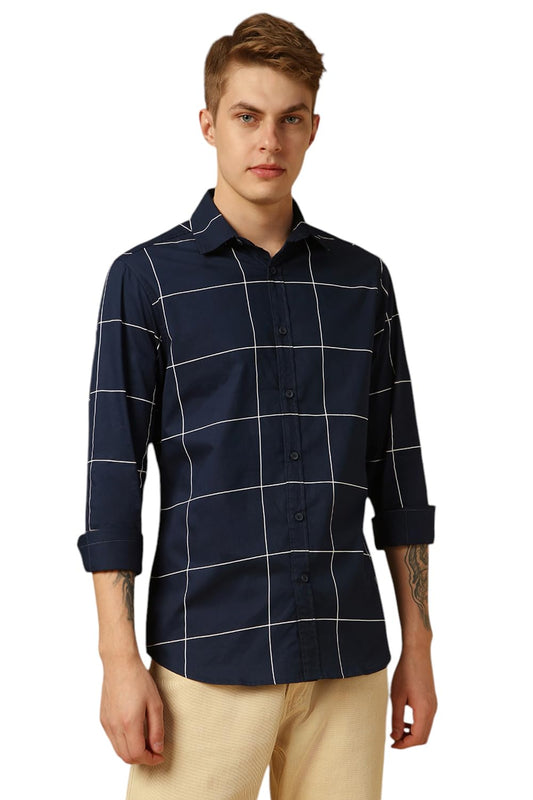 Dennis Lingo MenS Navy Full Sleeve Spread Collar Checkered Regular Fit Casual Shirt