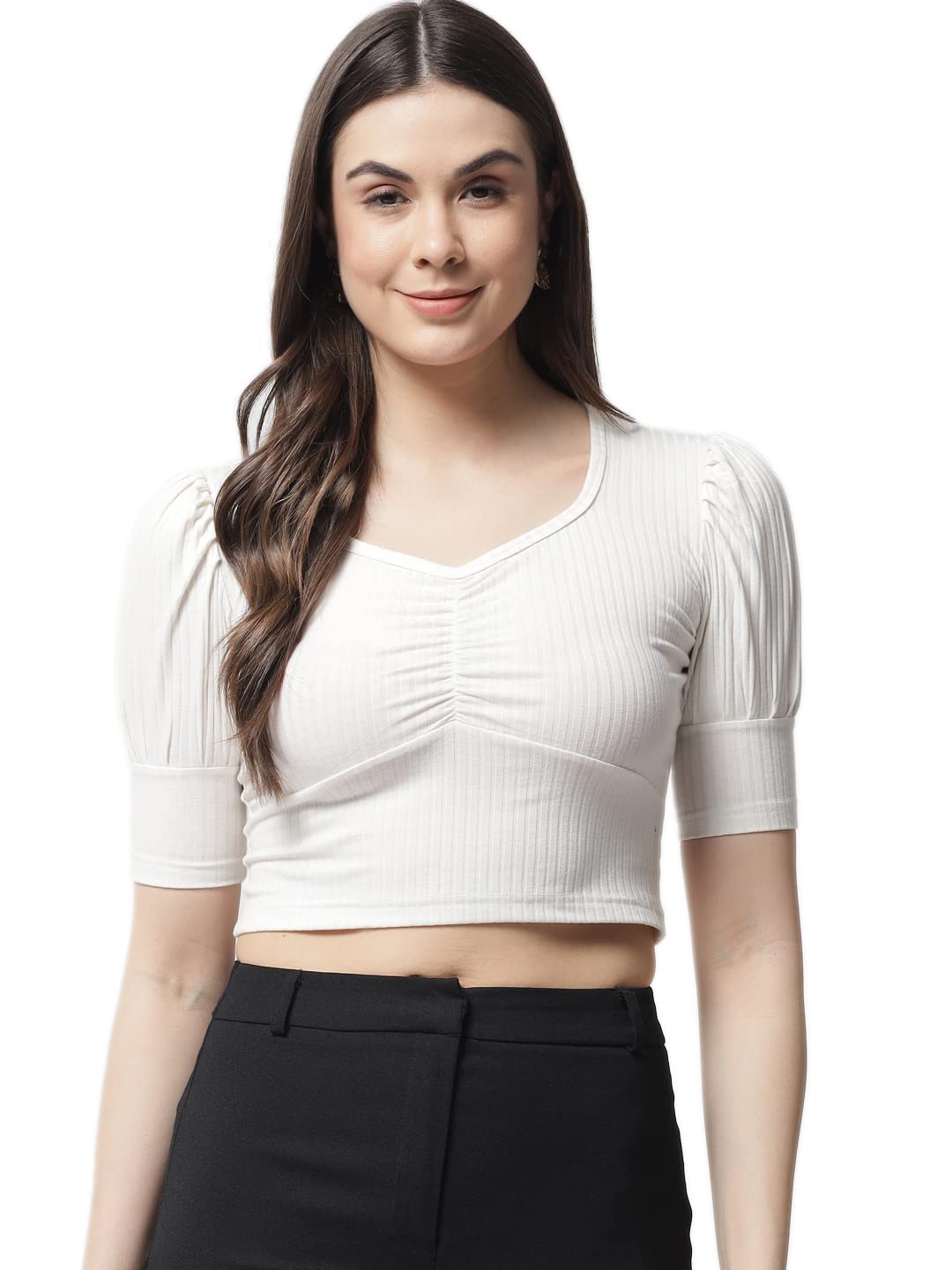 POPWINGS Off White Puff Ribbed Top