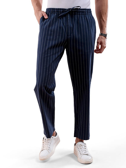 The Indian Garage Co Men Regular Fit Striped Mid-Rise Elasticated Trousers Navy