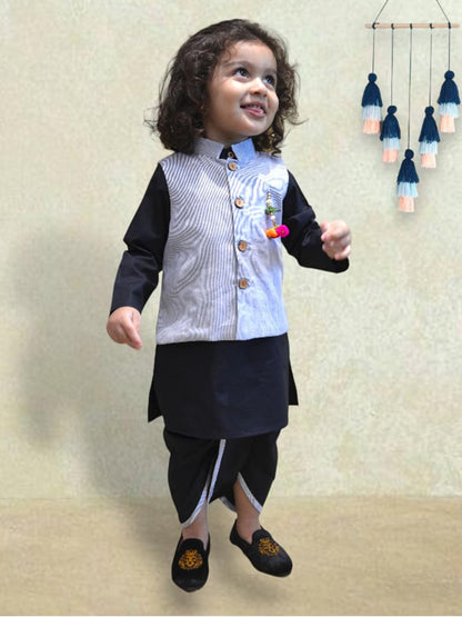 A.T.U.N. (ALL THINGS UBER NICE) Boys Ethnic Wear Black Navy Pinstripe Cotton Dhoti Kurta with Linen Jacket Set (3 Piece Set)