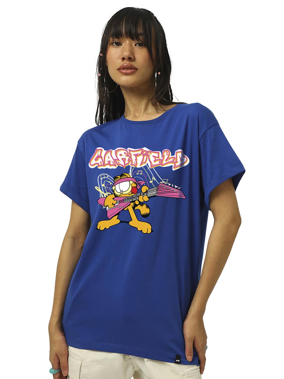 Bewakoof Official Garfield Womens Graphic Print Boyfriend Fit Half Sleeve Round Neck Pure Cotton T-Shirt_662738_Blue_M