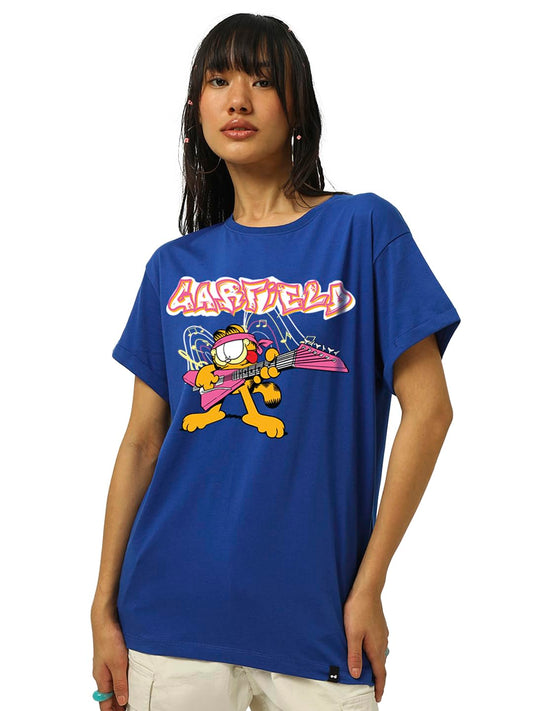 Bewakoof Official Garfield Womens Graphic Print Boyfriend Fit Half Sleeve Round Neck Pure Cotton T-Shirt_662738_Blue_M