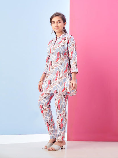 Aarika Girls Casual Wear White Colour Leafs Print Polyester Co-ord Set-8-15 Years (KP-TR-K-987)