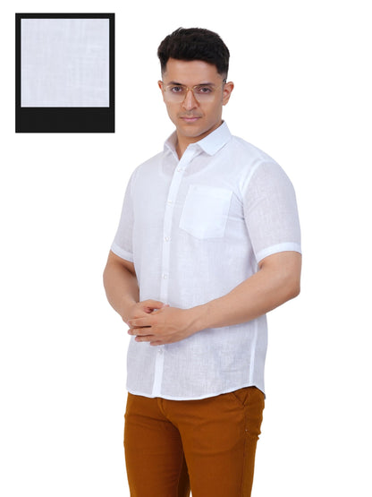 PRAKASAM COTTON Self Design Cotton Linen White Half Sleeve Shirt for Mens/Cotton Linen Regular Fit Shirt for Mens