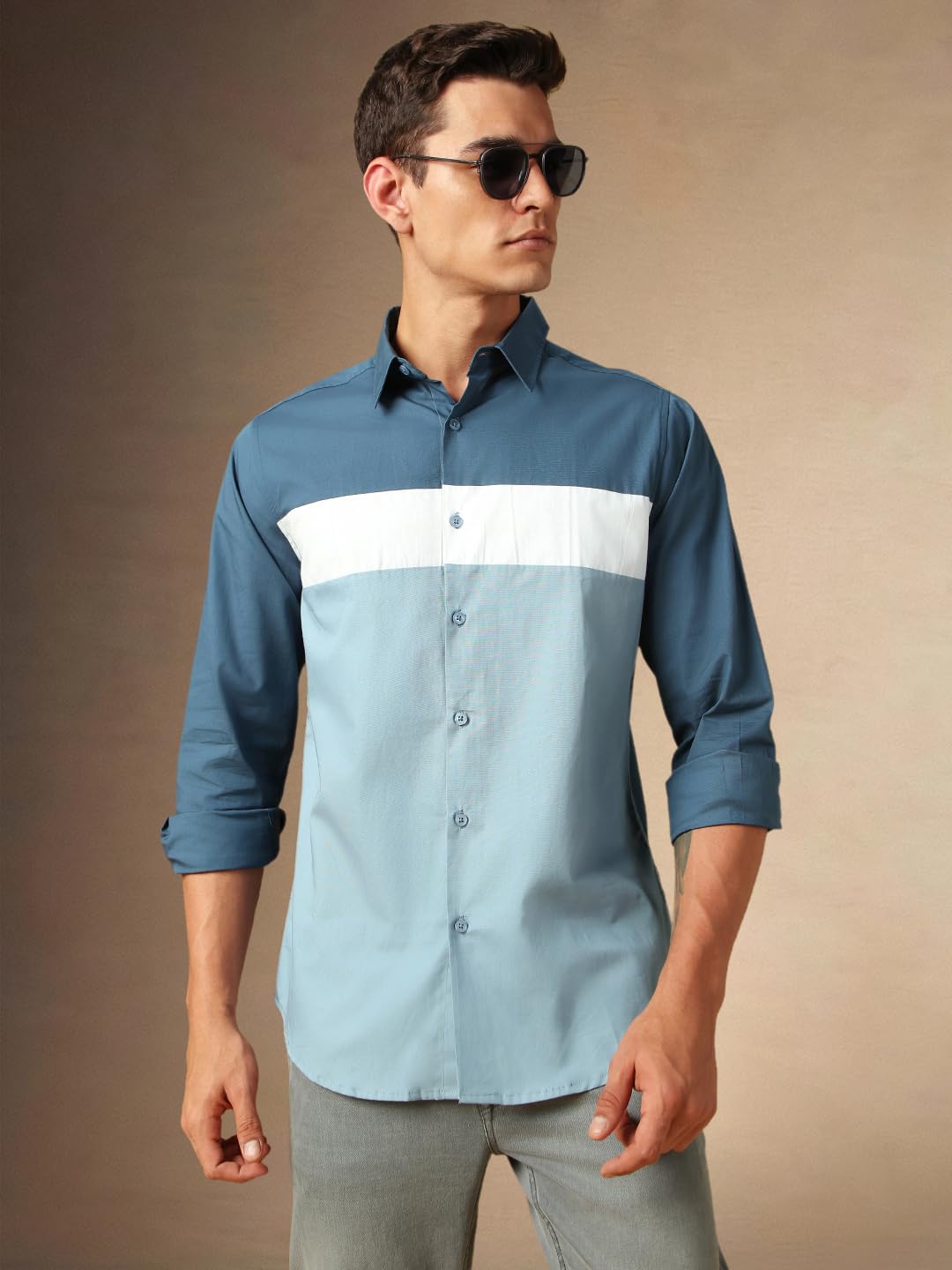 Dennis Lingo Men Colorblock 100% Cotton Regular Fit Full Sleeves Shirts Blue