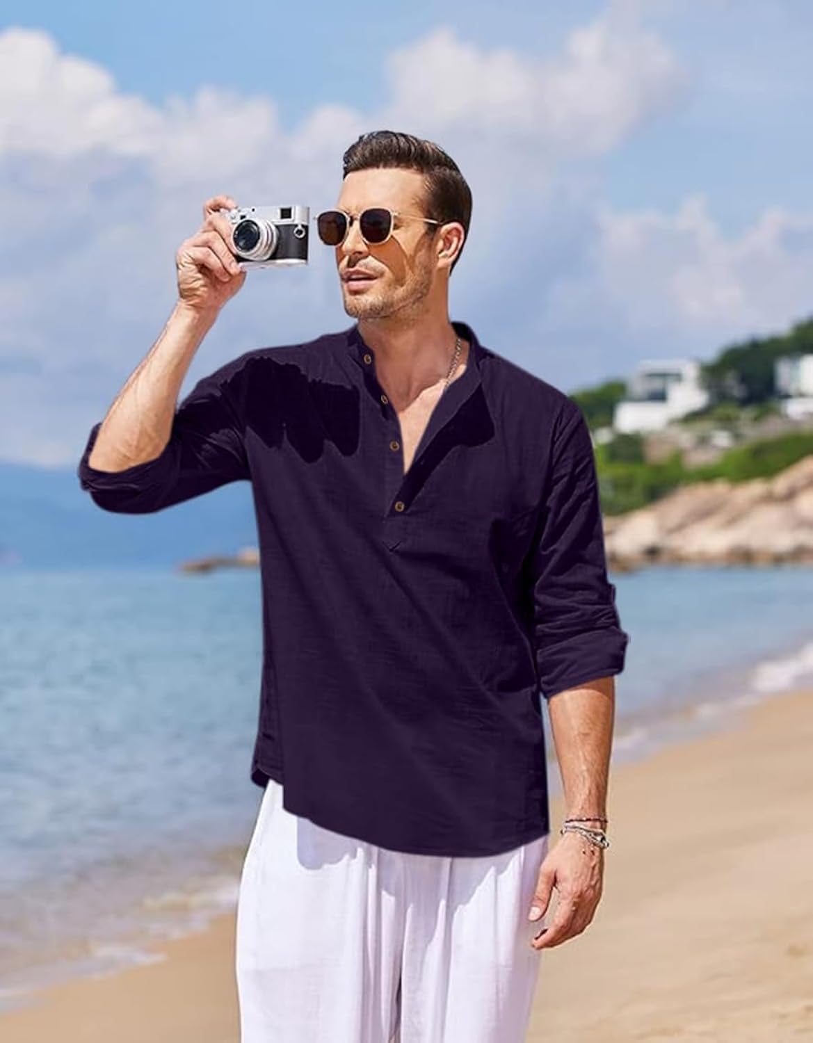 Hemadhav MenS Regular Fit Cotton Blend Casual Kurta Purple
