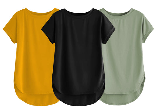 Fabricorn Combo Of Three Plain Black, Mustard Yellow And Sage Green Round Neck Up And Down Cotton Tshirt For Women (Black, Musta