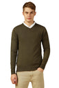 Dennis Lingo Men Olive Solid Slim Fit Full Sleeve V Neck Pullover Sweater