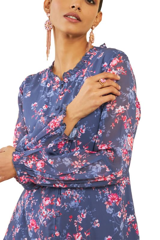 Soch Womens Purple Georgette Floral Print Tunic with Puff Sleeves