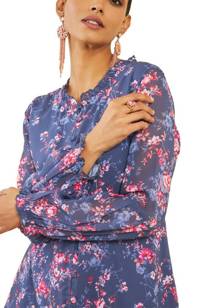 Soch Womens Purple Georgette Floral Print Tunic with Puff Sleeves