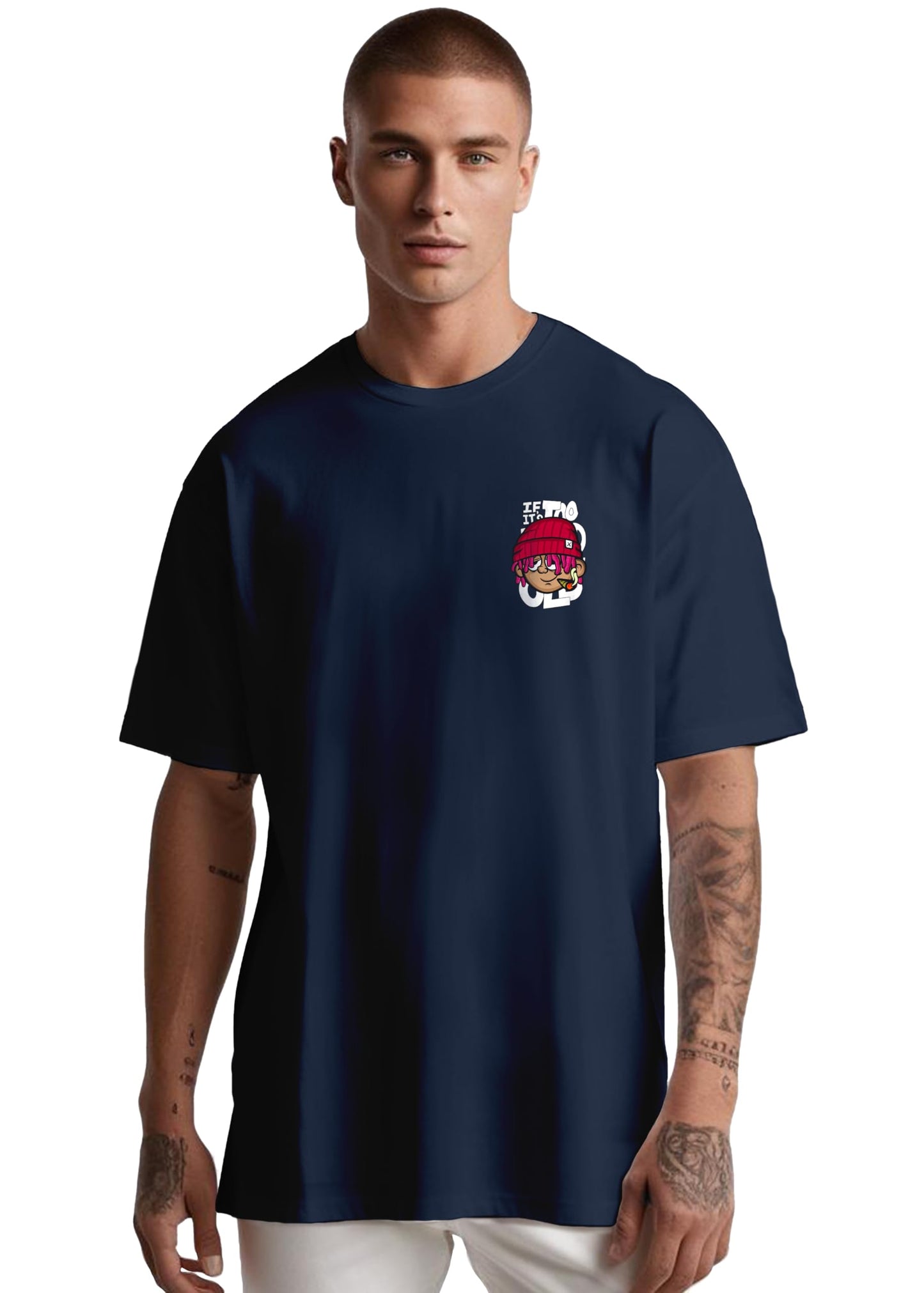 Peppyzone Mens Oversized Fit T-Shirt (PZ-OST-Trendy46_Navy Blue