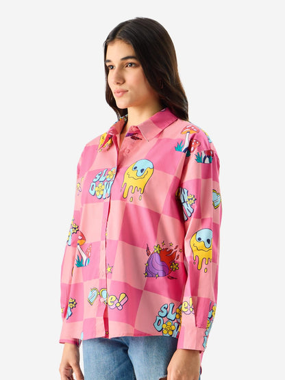 The Souled Store Slow Down Long Sleeve Collared Button Down All Over Print Oversized Fit Cotton Boyfriend Shirt for Women & Girl