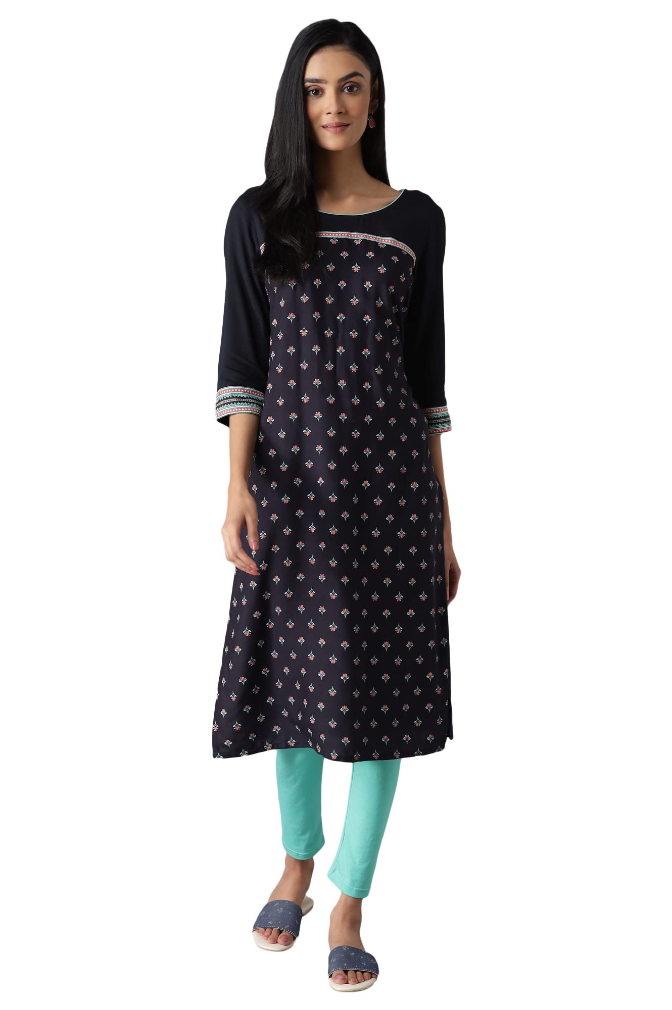 Aurelia Black Printed Liva Kurta & Tights (Size: S)-23FEAS14288-503654