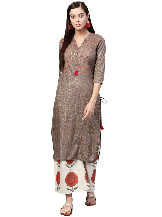 ishin Women's Viscose Rayon A-Line Embroidered Thread Work Floral print Grey Kurta suit set with Palazzo