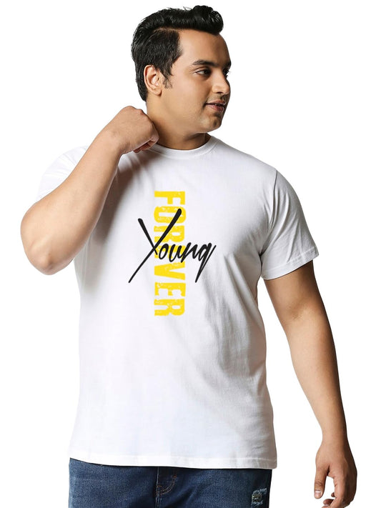 Bewakoof Plus Size Mens Young Forever Side Typography Cotton T-Shirt- Regular Fit, Round Neck, Half Sleeves 472958_White_3XL