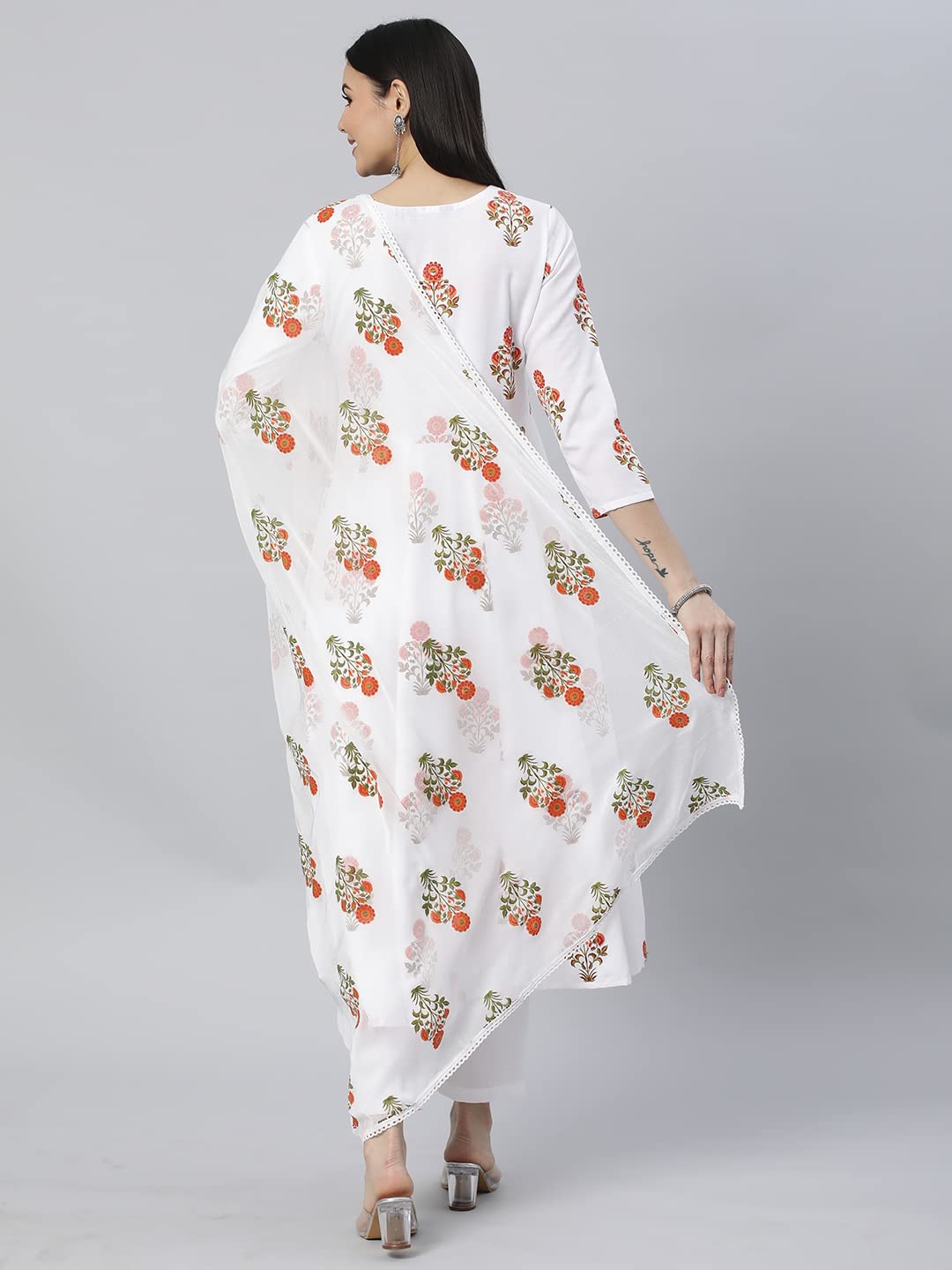 ANNI DESIGNER Women's Georgette Anarkali Floral Printed Kurta with Pant & Dupatta (CLEAN-WHITE)