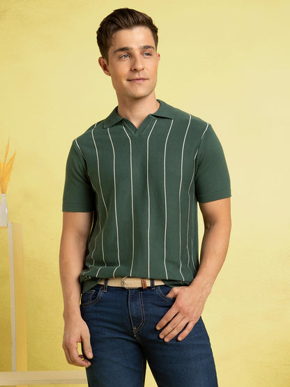 Dennis Lingo Men Cotton Regular Fit Striped T-Shirts Green