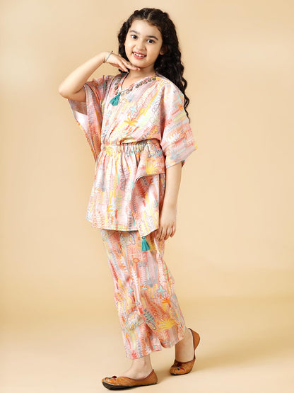 A.T.U.N. (ALL THINGS UBER NICE) Girls Printed Polysilk Top with Straight Pant Set