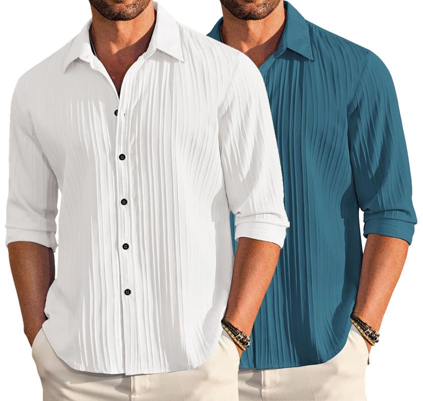Deelmo Combo Of MenS Casual Button Down Shirts Long Sleeve Linen Shirt Fashion Textured Summer Shirts Pack Of 2