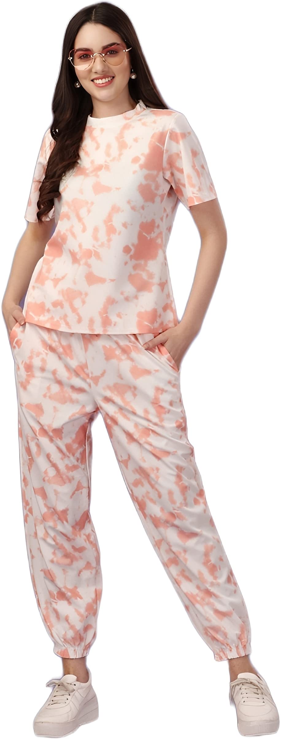 ELLITI Womens Soft Poly Cotton Tie-Dye Printed Crop Length T-Shirt and Pyjama Night Suits Set | Co-ord | Nightwear | Loungewear