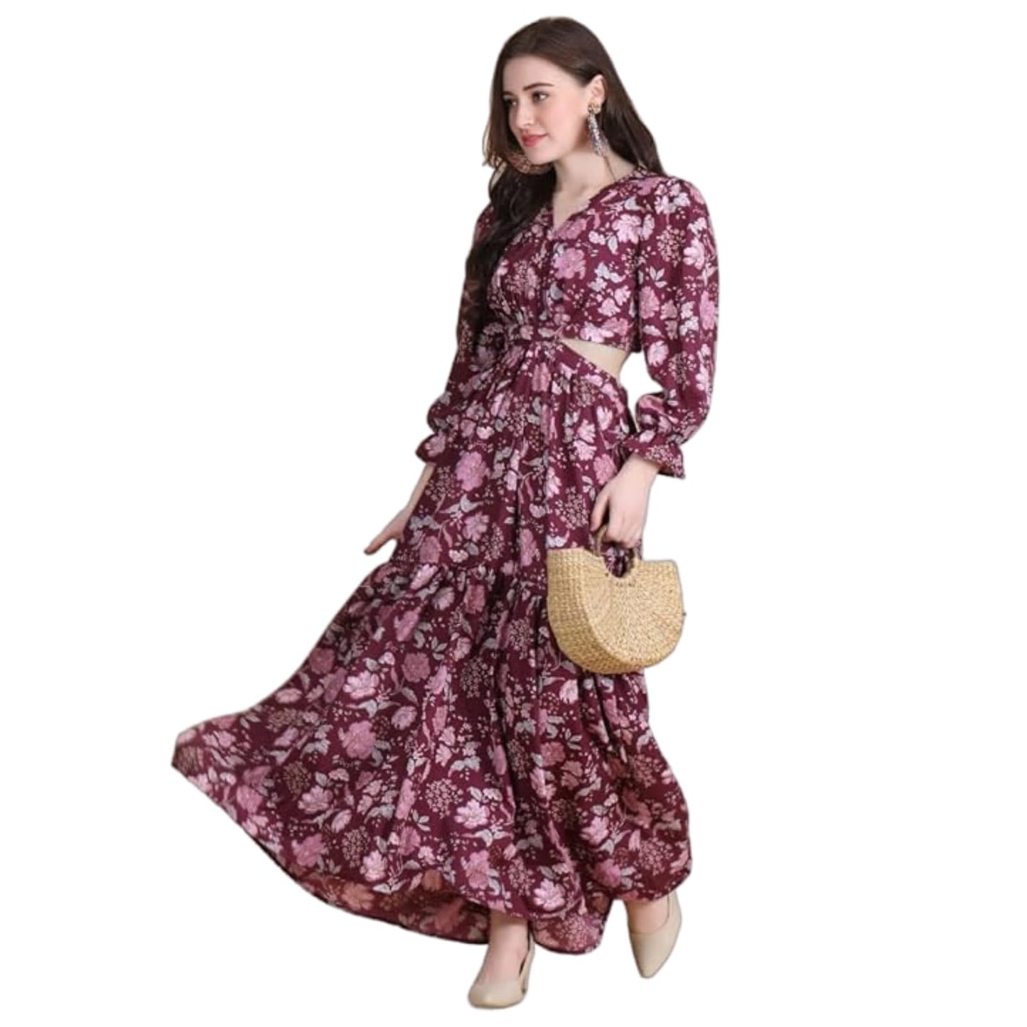 Kuduzo WomenS Crepe Maxi Dress With 3/4Th Sleeves V Neck Line Floral Printed Pattern Maxi Length Waist Cut Regular Fit And Flar