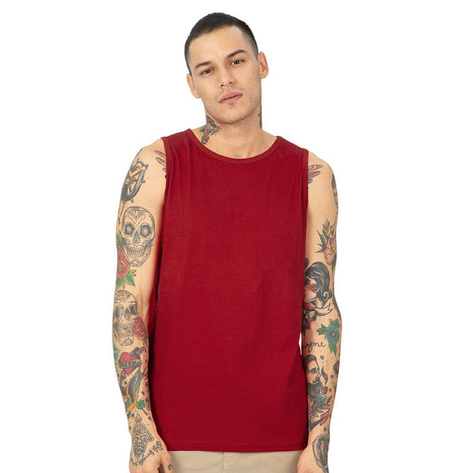 Bewakoof Mens Solid 100% Cotton Vest - Regular Fit, Round Neck, Sleeveless Red