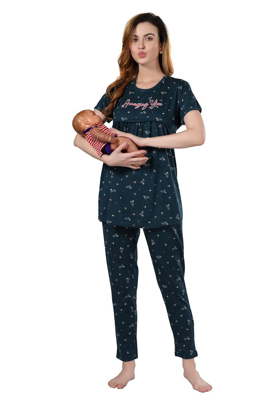 Fabme WomenS Dark Green Maternity Top And Pyjama Set