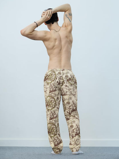 The Souled Store Sailor Wanderer Men and Boys Beige All Over Printed Pull On Regular Fit Cotton Pajamas