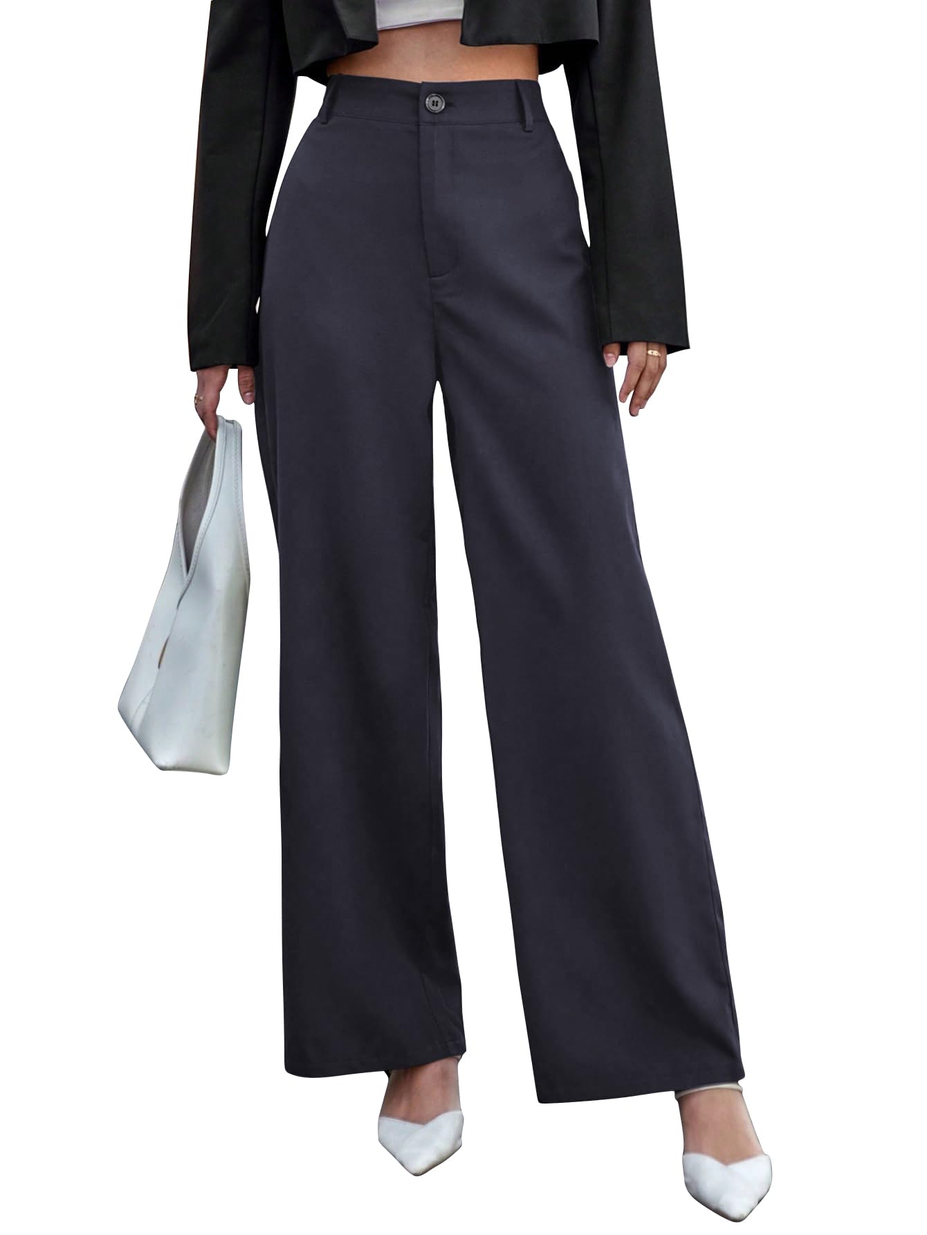 Toochki Straight Pants Trousers for Women with High Waist, Formal Spandex Pant for Women Office Wear Dark Grey