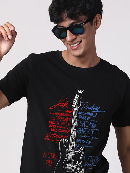 ADRO Guitar Design Printed T-Shirt for Men - 100% Cotton, Regular Fit, Soft Breathable Fabric. (RN23-M-GTR-BL_Black)