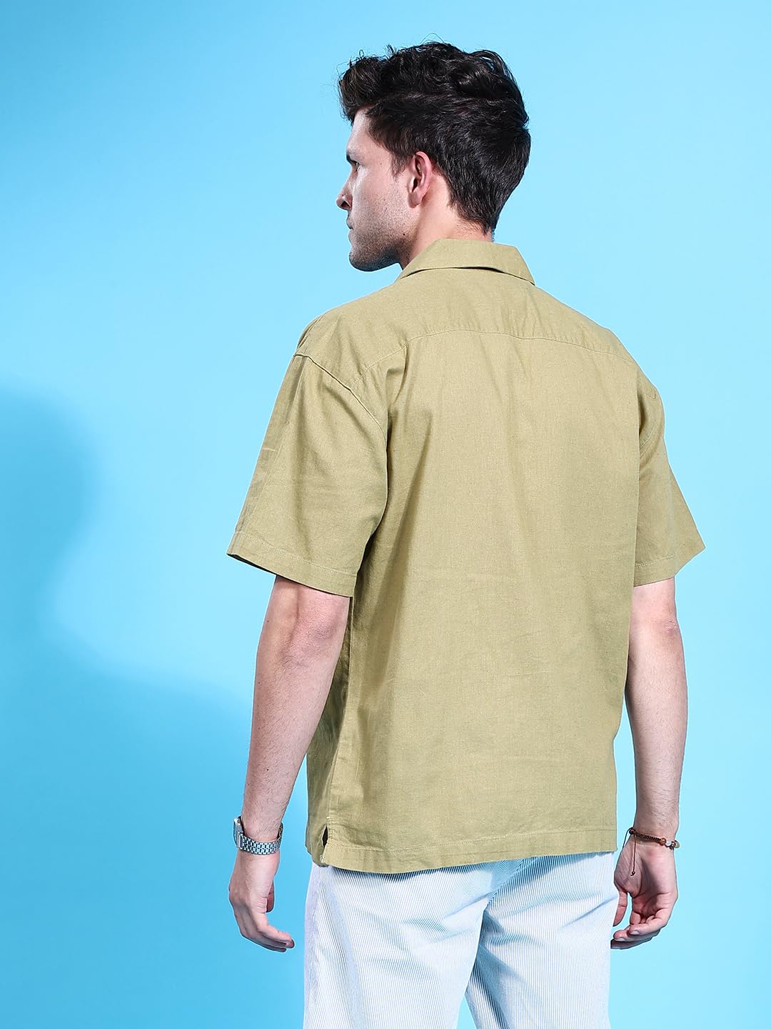 The Indian Garage Co Men Olive Solid Relaxed Fit Linen Casual Shirt
