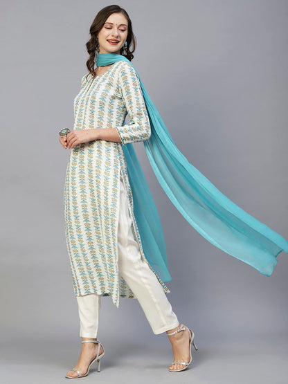 GoSriKi Women's Cotton Blend Straight Printed Kurta with Pant & Dupatta (April-Sky Blue-CGD-GS)