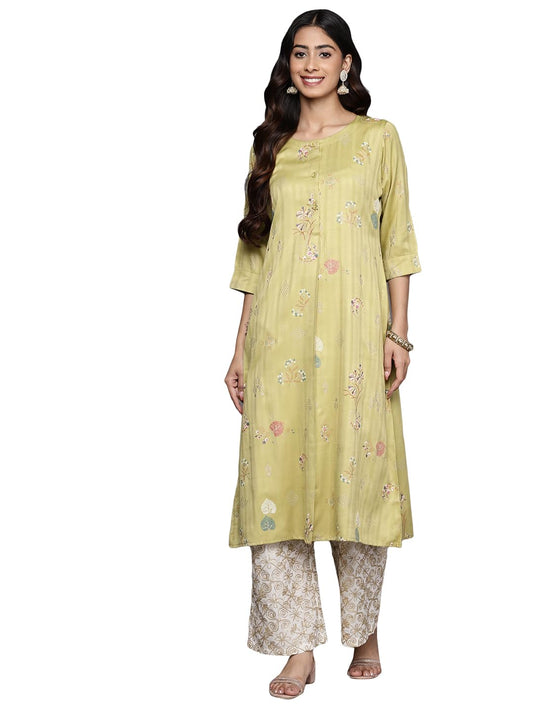 Libas Olive Printed Silk A-Line Kurta