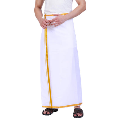 Prakasam Cotton Mens Free Size Stitched Double Layer White Dhoti/Mens Cotton Double Stitched Dhoti (Pack Of 1 Dhoti Only)