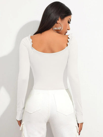 Shasmi Womens & Girls White Full Sleeve, Sweat Hear Neck, Frill Trim Ruched Crop Top for Women, Tops, Slim Fit T-Shirts for Gi