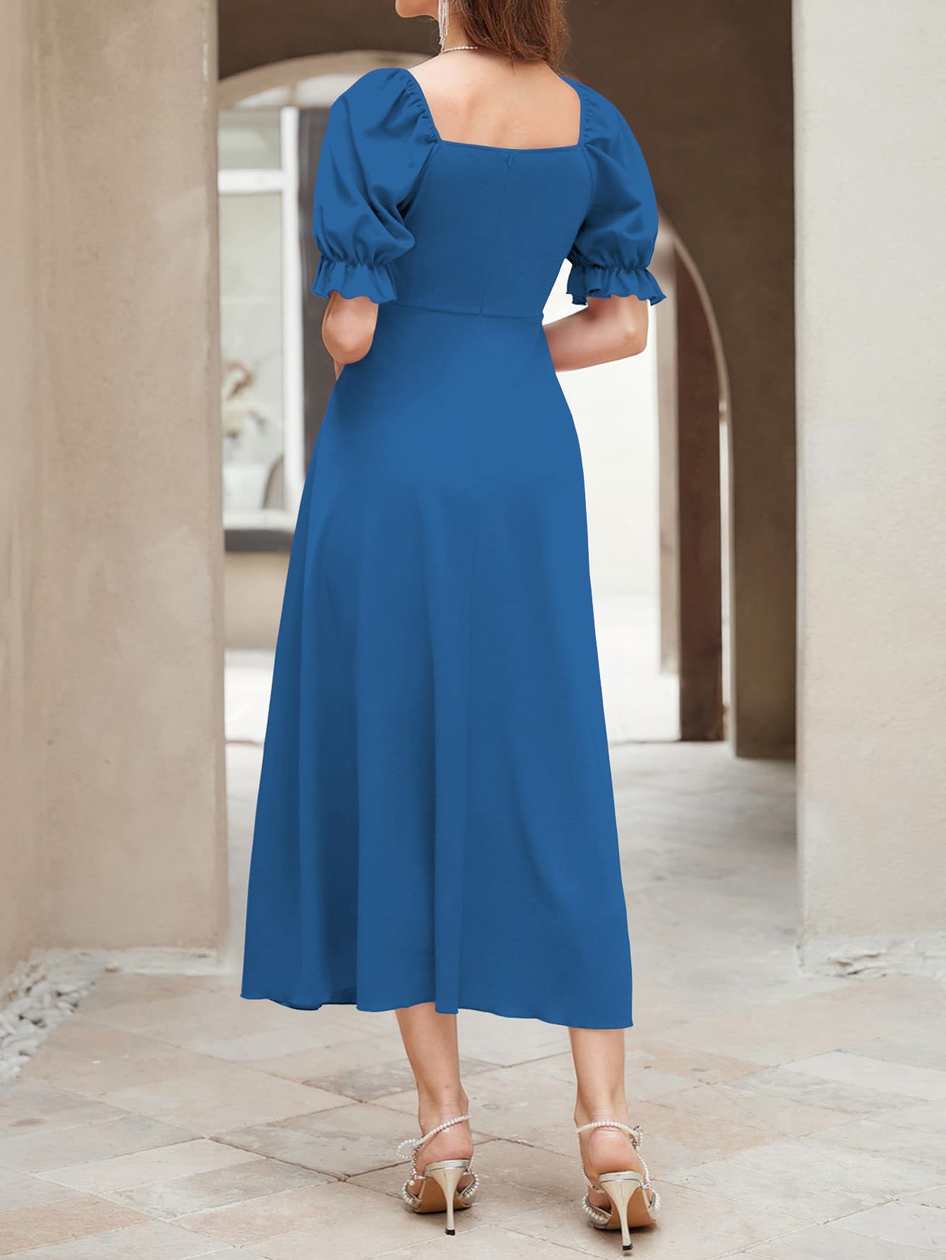 Shasmi GirlS & WomenS Solid Morpeach A-Line Ruched Puff Sleeve Maxi Long Evening One Piece Long Dress For Women Stylish (Dress